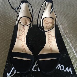 Black strap heels in box